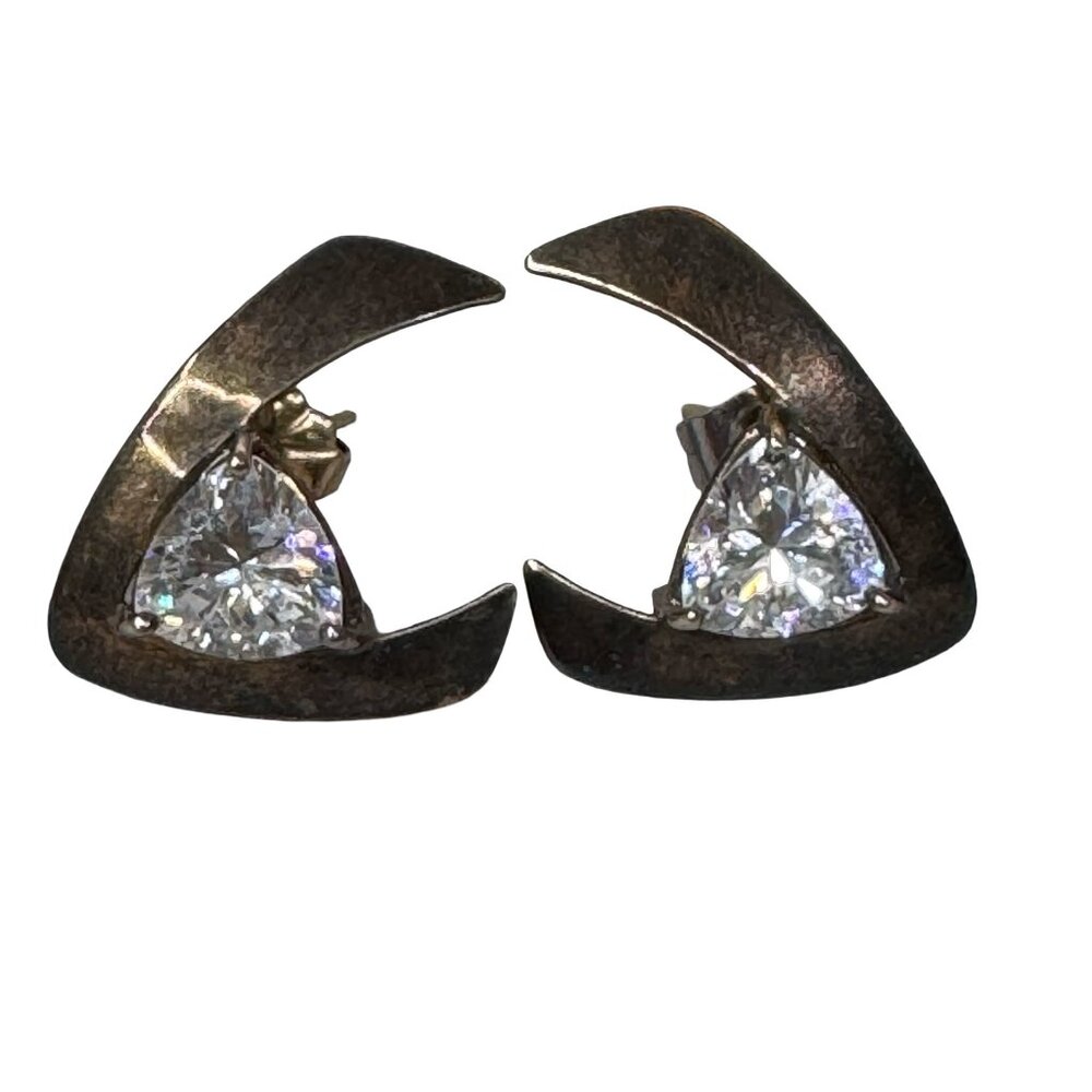 Vintage Signed TTC Sterling Silver Triangle Cut CZ Stud Earrings Modernist MCM